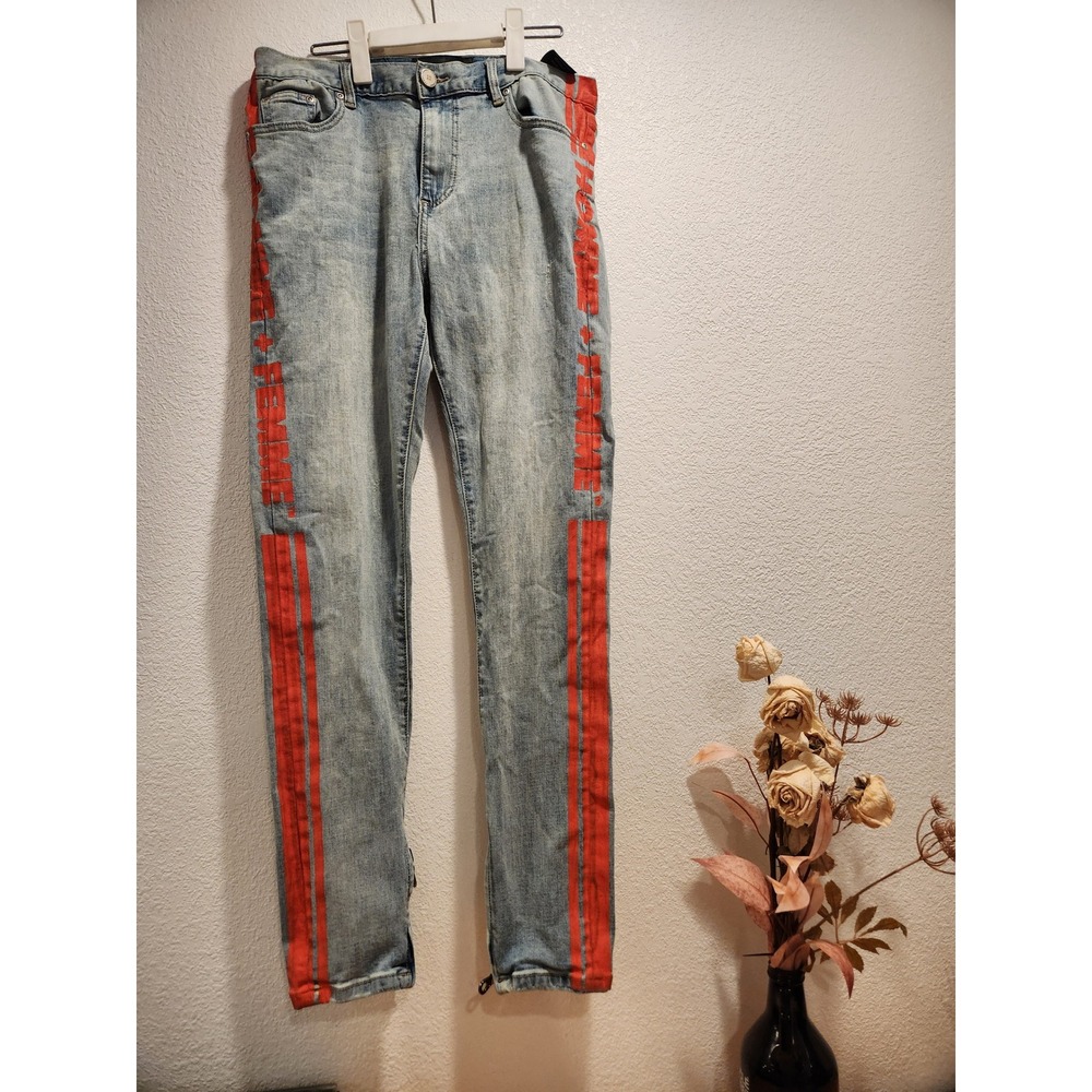 HOMME + FEMME Red Stripe Jeans Size 32 Logo Denim‎ Ankle Zip Distressed YKK